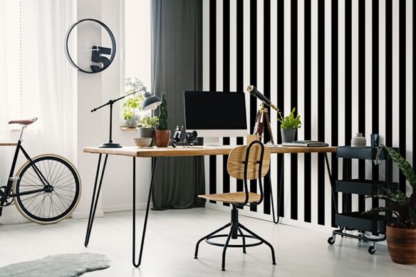 Wooden chair at desk with desktop computer in bright workspace i Papel de Parede Infantil Kids n Teens 2 100099 Monochrome Stripe “Consultar disponibilidade do Produto 19 9 8750-5835” - Imagem 1