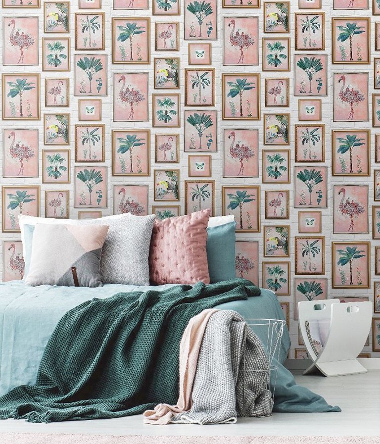 Green bedroom interior with posters Papel de Parede Infantil Kids n Teens 2 106946 Tropical Frame “Consultar disponibilidade do Produto 19 9 8750-5835” - Imagem 1