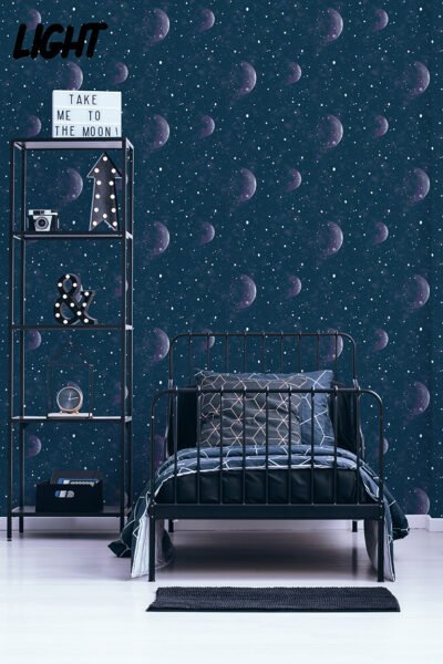 Moon poster in bedroom interior Papel de Parede Infantil Kids n Teens 2 108019 Planetarium Blue Glow in The Dark “Consultar disponibilidade do Produto 19 9 8750-5835” - Imagem 1