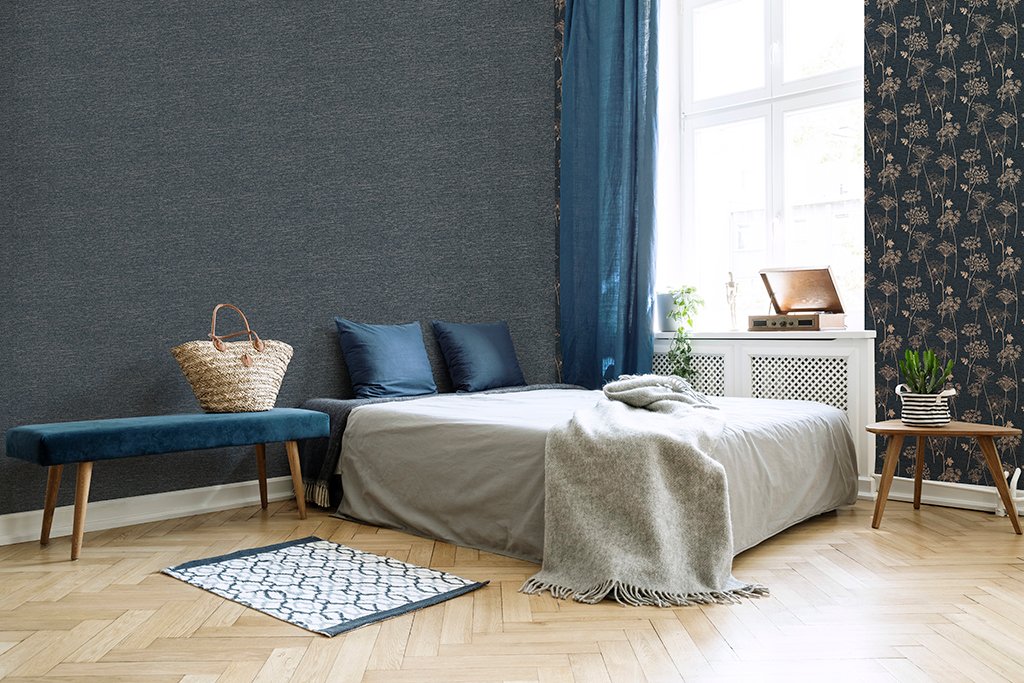 Bedroom design in modern apartment. Bed with dark blue pillows a Papel de Parede HF Texture 108621 “Consultar disponibilidade do Produto 19 9 8750-5835” - Imagem 1