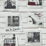 Papel de parede Les Aventures 3 11123109 Imitação Tijolinho com Quadros Tom de Cinza Branco Preto e Vedrmelho